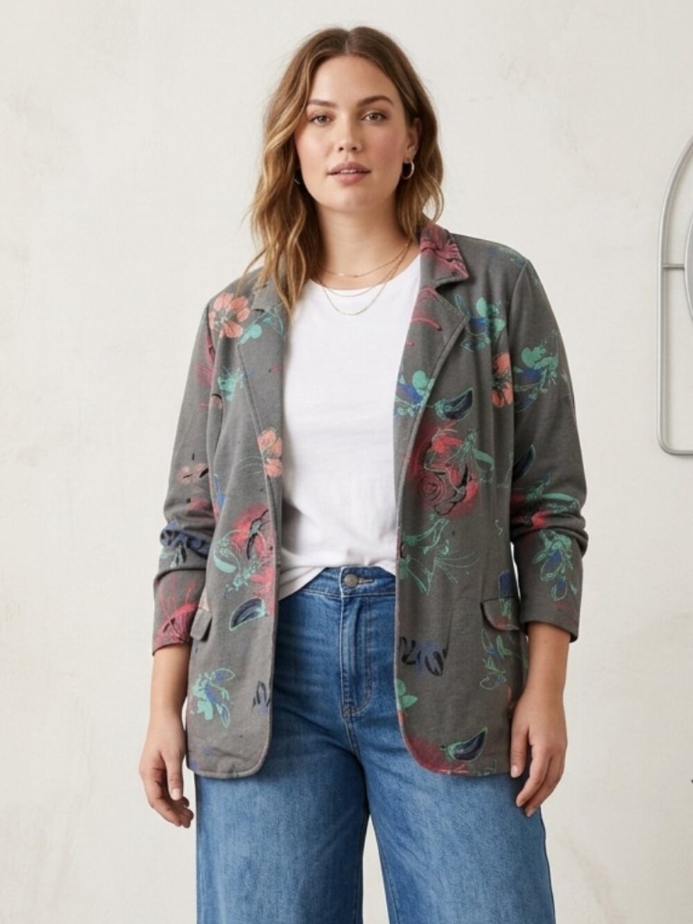 Maurices Jacket Blazer Gray Floral Jersey Artsy Boho 3X